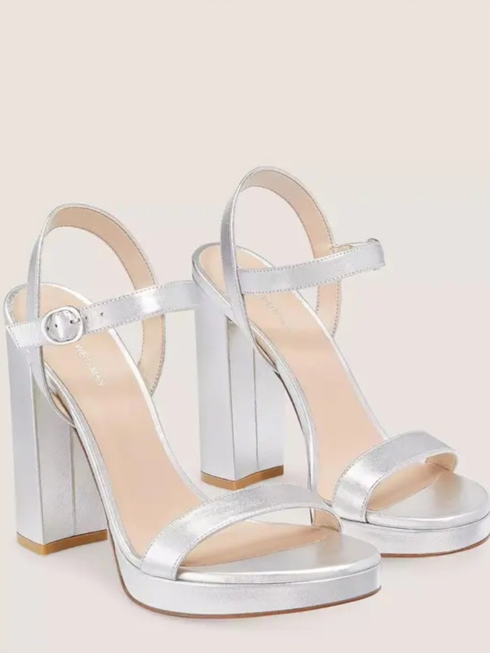 Stuart Weitzman Silver Metallic Block Heel Sandals